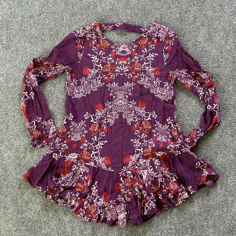 Free People Dress Womens XS Purple Floral Long Sleeve Cutout Fit Flare Boho Mini